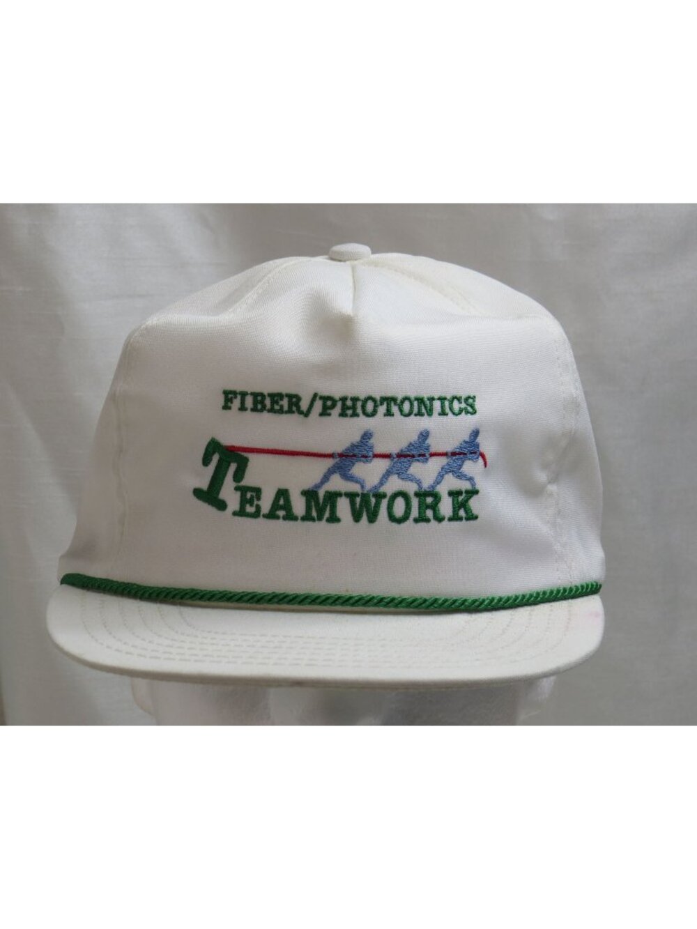 Vintage DeLONG Tech Fiber Photonics Teamwork Rope Hat Gold Buckle Cap Made in US